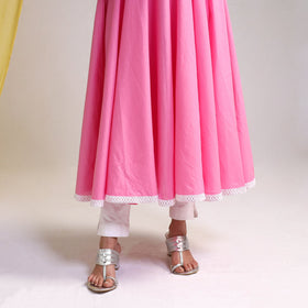 Lace Work Pink Plain Cotton Anarkali Kurta with Dupatta Set