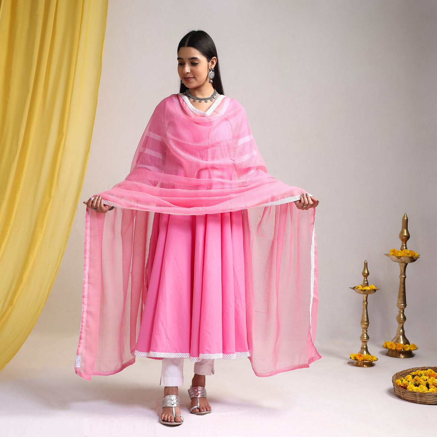 Lace Work Pink Plain Cotton Anarkali Kurta with Dupatta Set