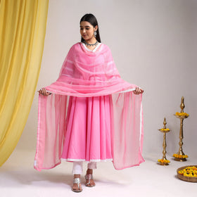 Lace Work Pink Plain Cotton Anarkali Kurta with Dupatta Set
