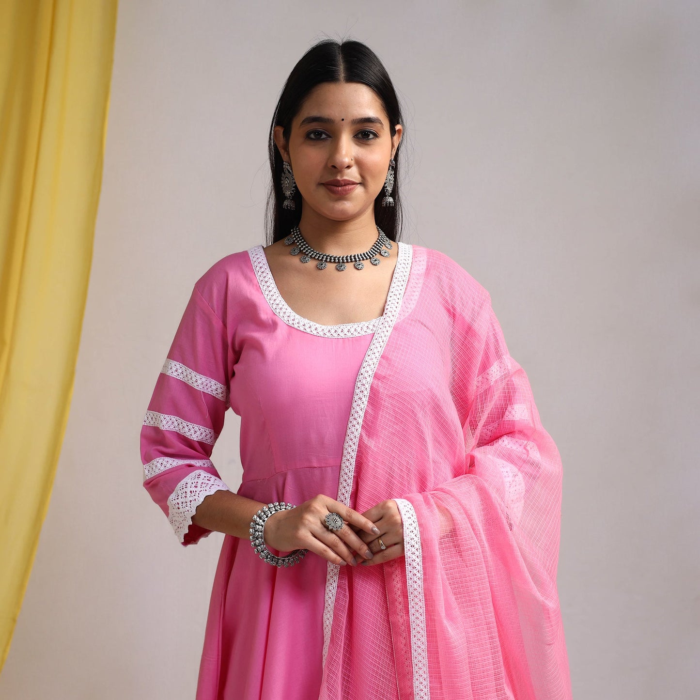 Lace Work Pink Plain Cotton Anarkali Kurta with Dupatta Set