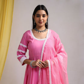 Lace Work Pink Plain Cotton Anarkali Kurta with Dupatta Set