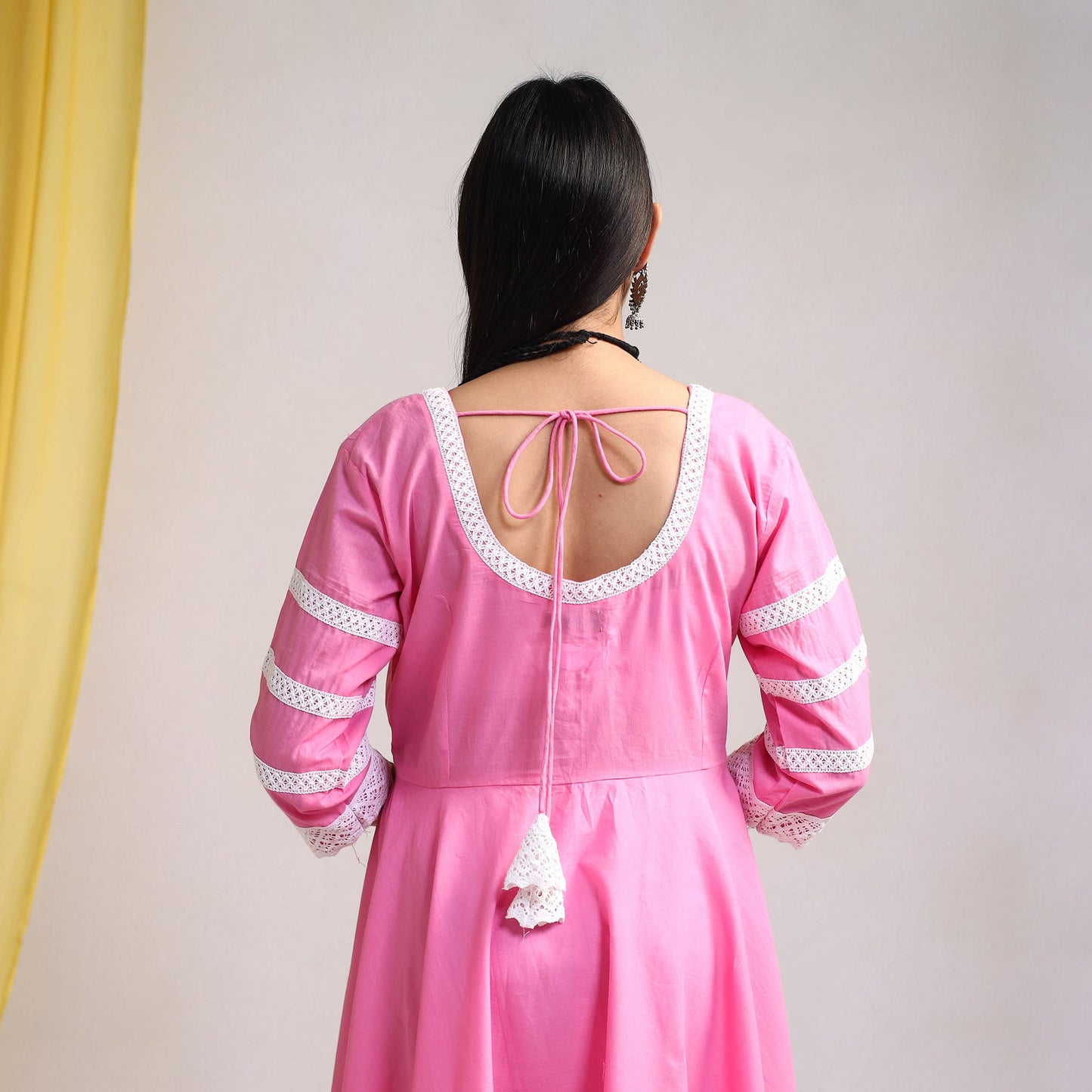 Lace Work Pink Plain Cotton Anarkali Kurta with Dupatta Set