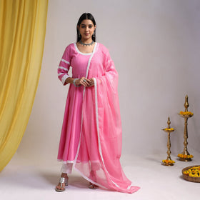 Lace Work Pink Plain Cotton Anarkali Kurta with Dupatta Set