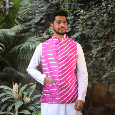 Leheriya Tie & Dye Chanderi Silk Handloom Pink Nehru Jacket