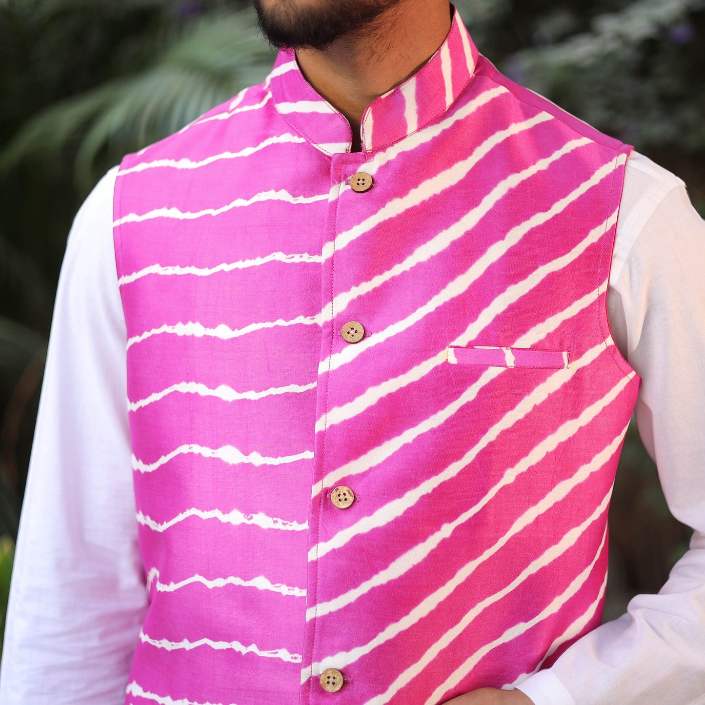 Leheriya Tie & Dye Chanderi Silk Handloom Pink Nehru Jacket