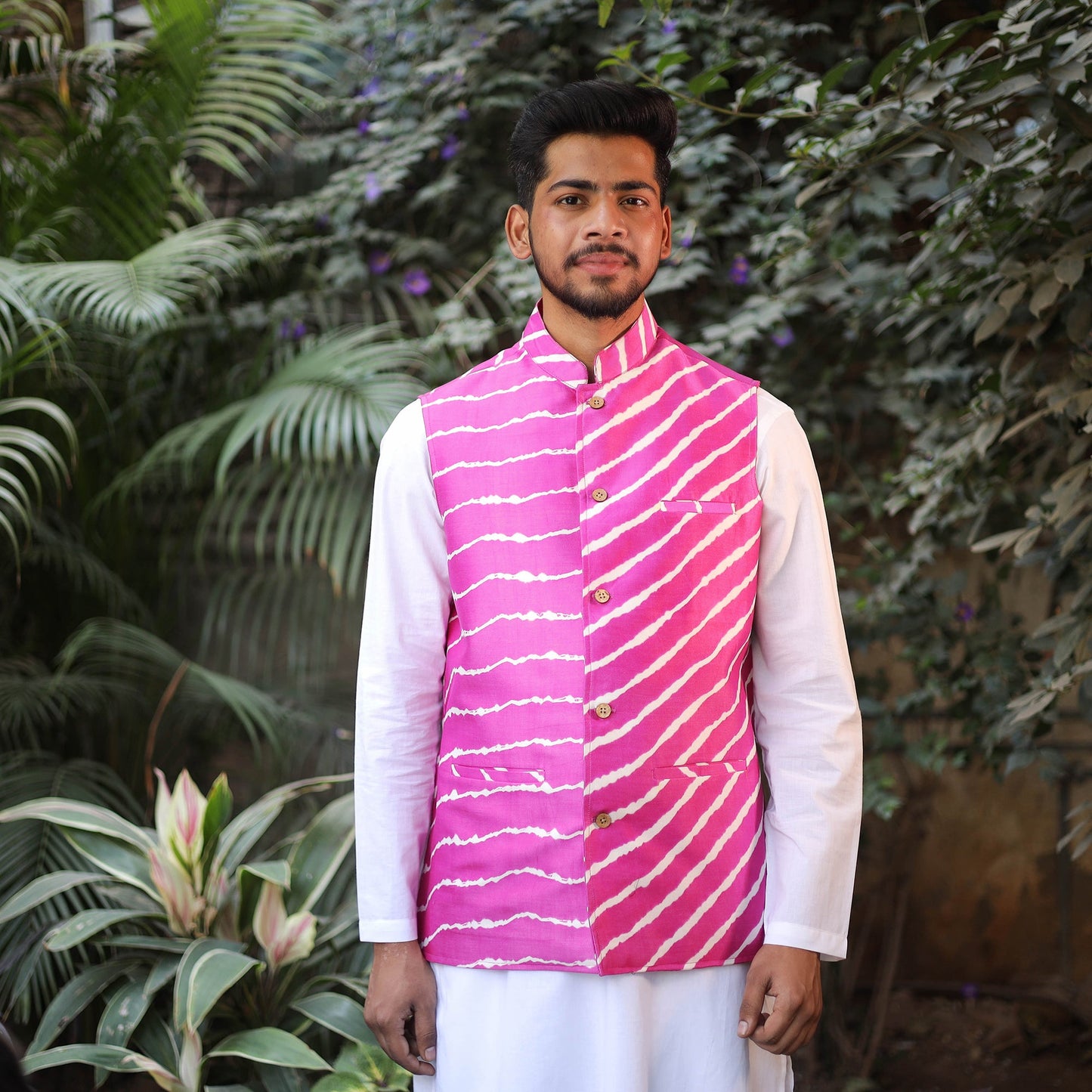 Leheriya Tie & Dye Chanderi Silk Handloom Pink Nehru Jacket