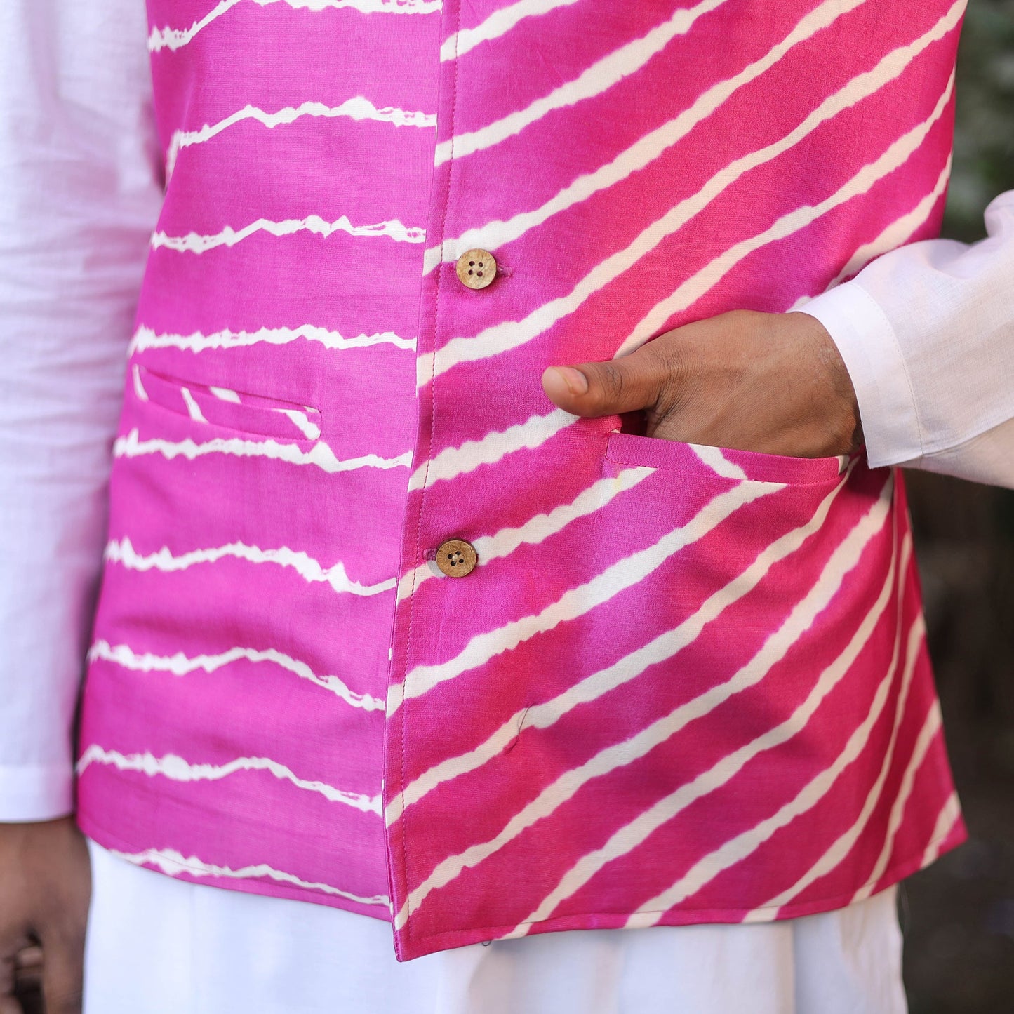 Leheriya Tie & Dye Chanderi Silk Handloom Pink Nehru Jacket