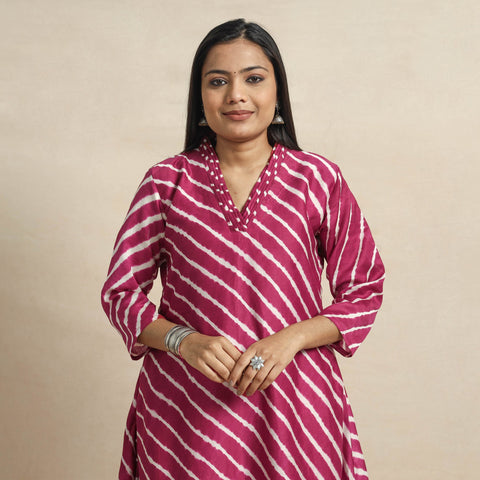 Pink - leheriya tie-dye chanderi silk a-line kurta