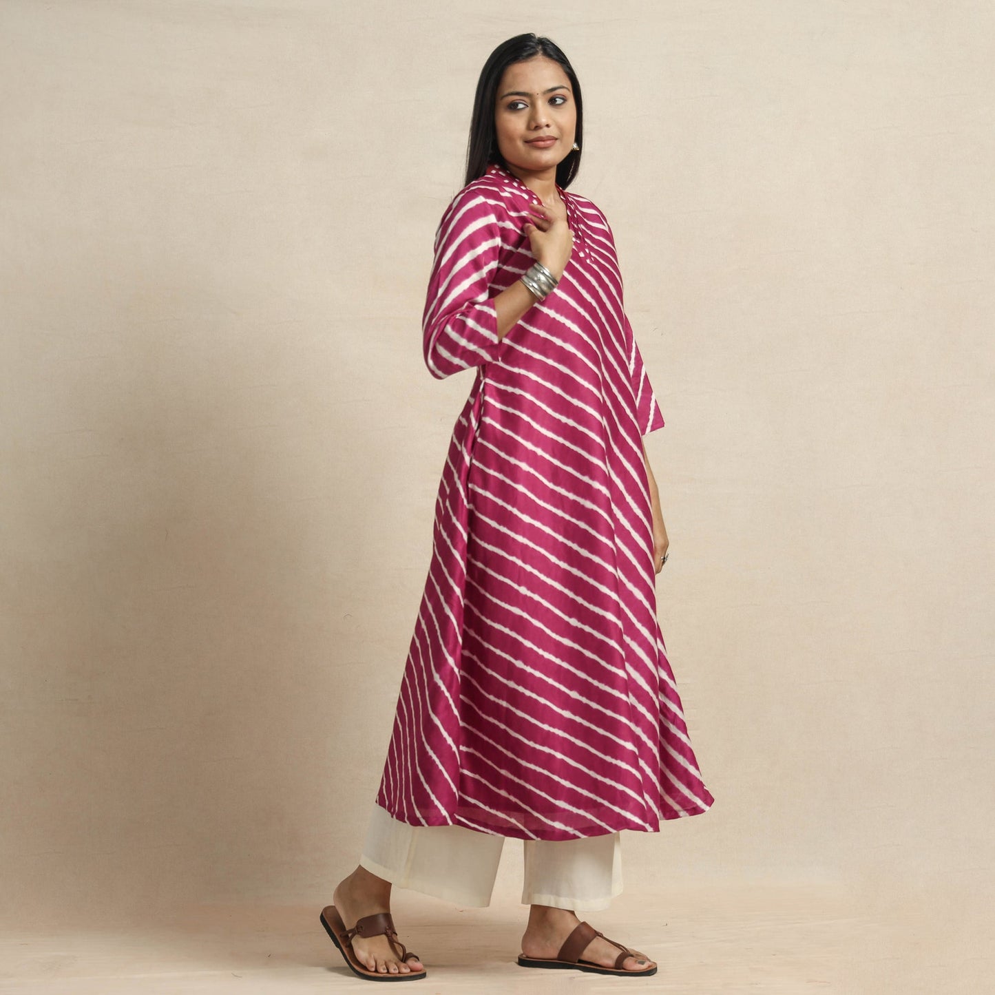 Pink - leheriya tie-dye chanderi silk a-line kurta