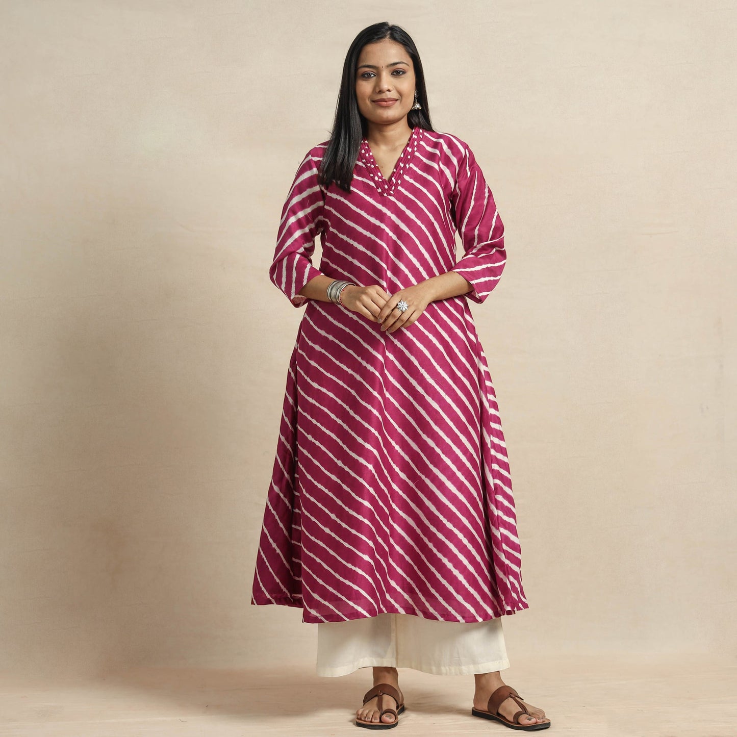 Pink - leheriya tie-dye chanderi silk a-line kurta