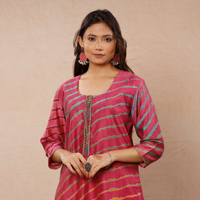 Buy Leheriya Tie-Dye Chanderi Silk Long Kurta for Women