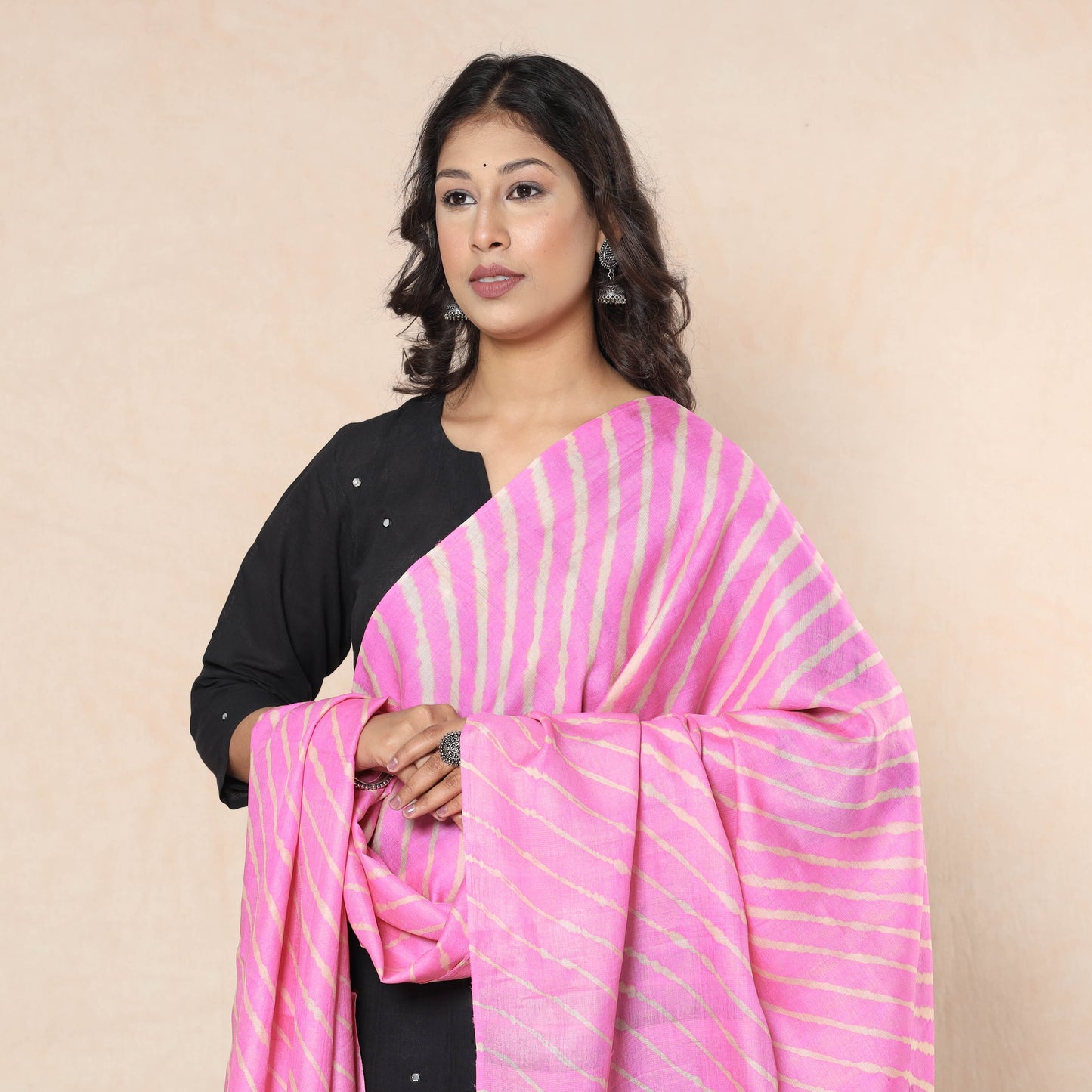 Pink - Leheriya Tie-Dye Tussar Silk Handloom Dupatta with Tassels