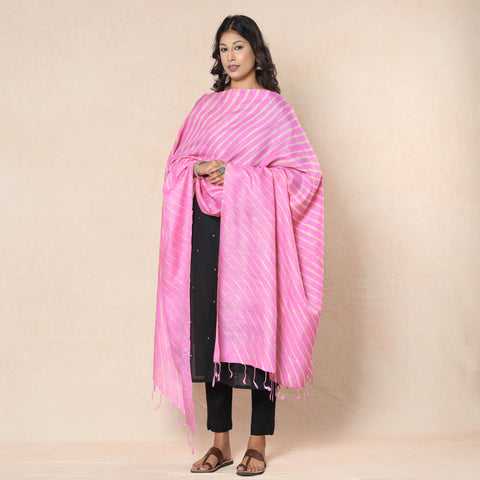 Pink - Leheriya Tie-Dye Tussar Silk Handloom Dupatta with Tassels