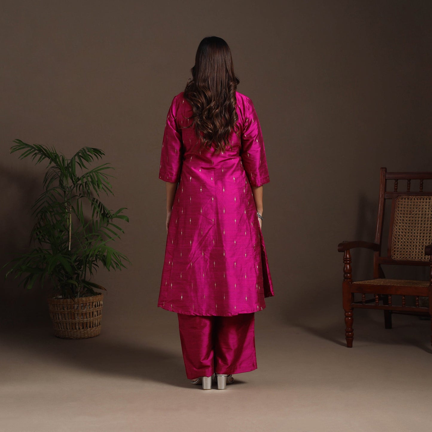 Pink - a-line buti work spun dupion silk plain kurta set