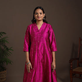 Pink - a-line buti work spun dupion silk plain kurta set
