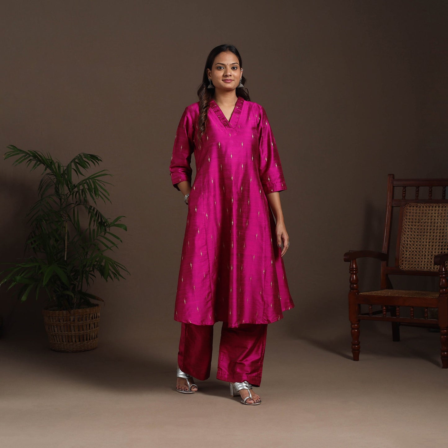 Pink - a-line buti work spun dupion silk plain kurta set