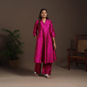 Pink - a-line buti work spun dupion silk plain kurta set