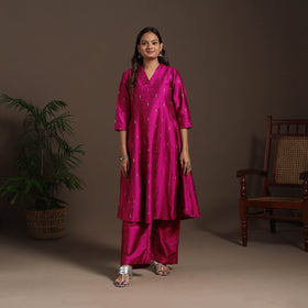 Pink - a-line buti work spun dupion silk plain kurta set