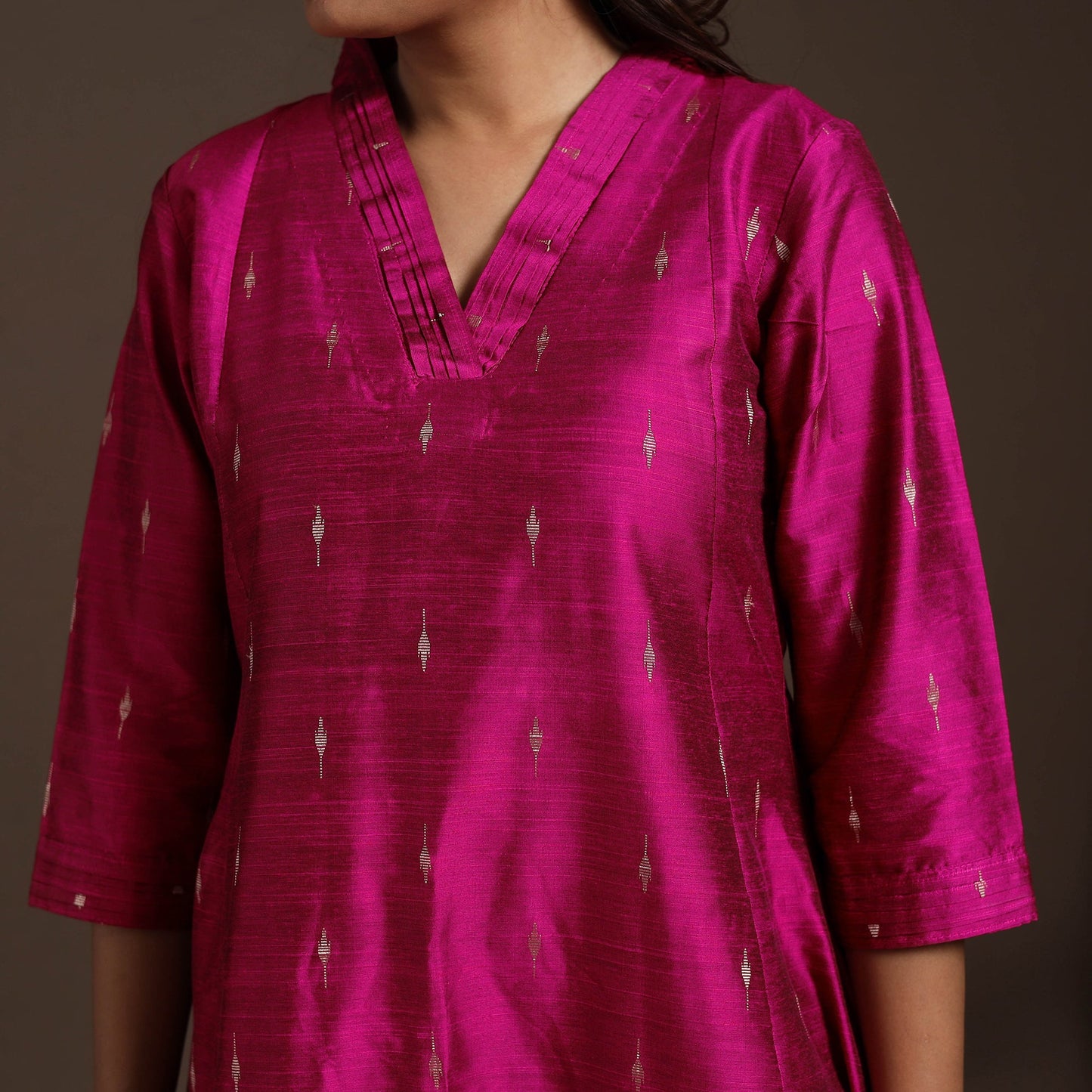 Pink - a-line buti work spun dupion silk plain kurta set
