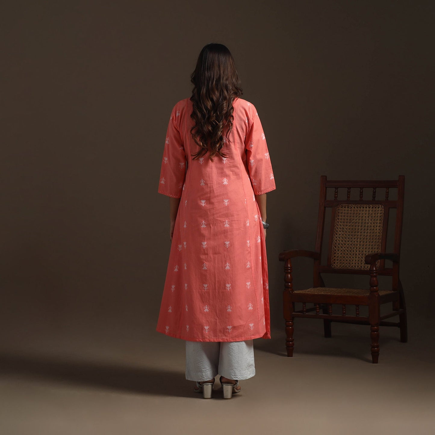 A-line cotton hand embroidered jacquard kurta for women 19