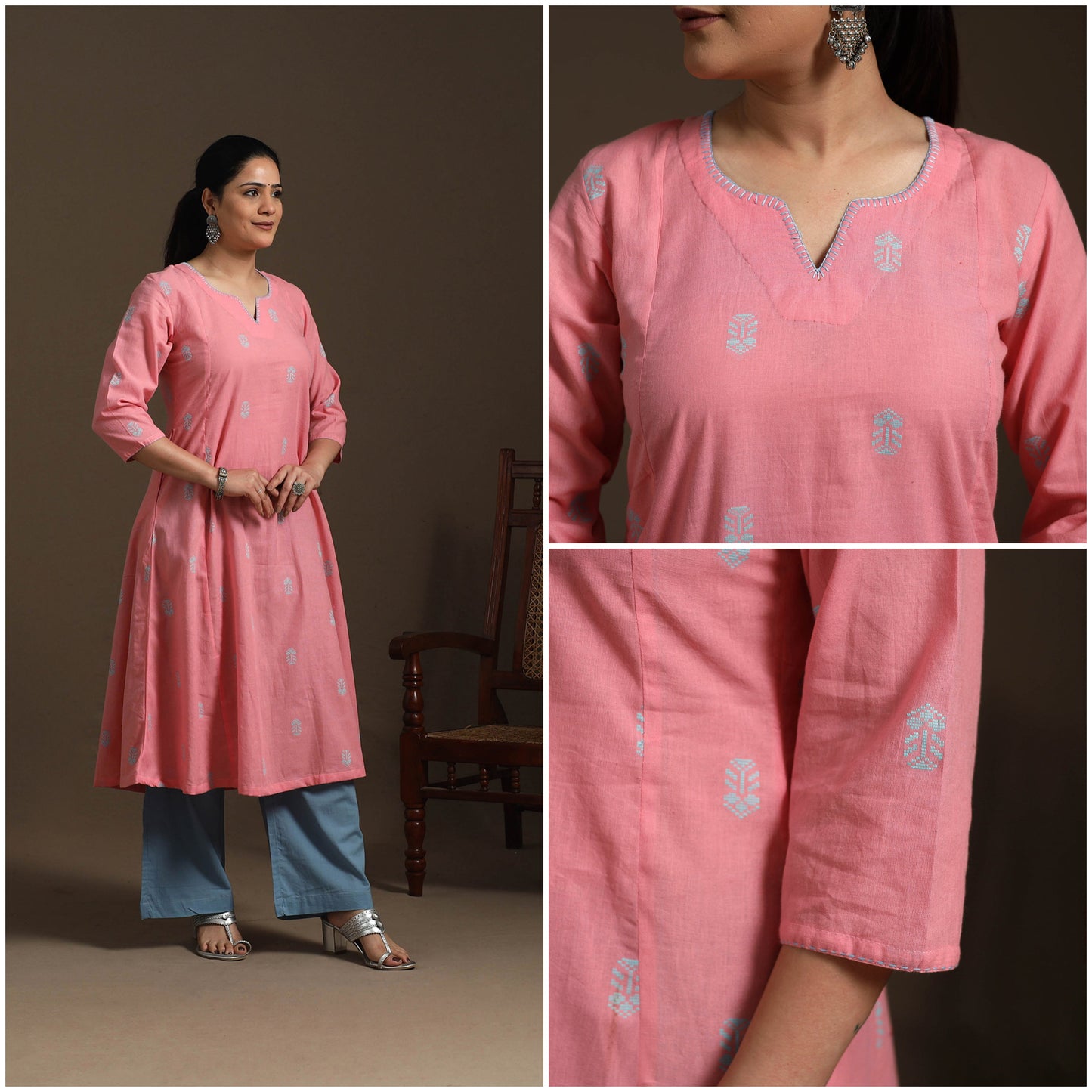 A-line cotton hand embroidered jacquard kurta for women 21