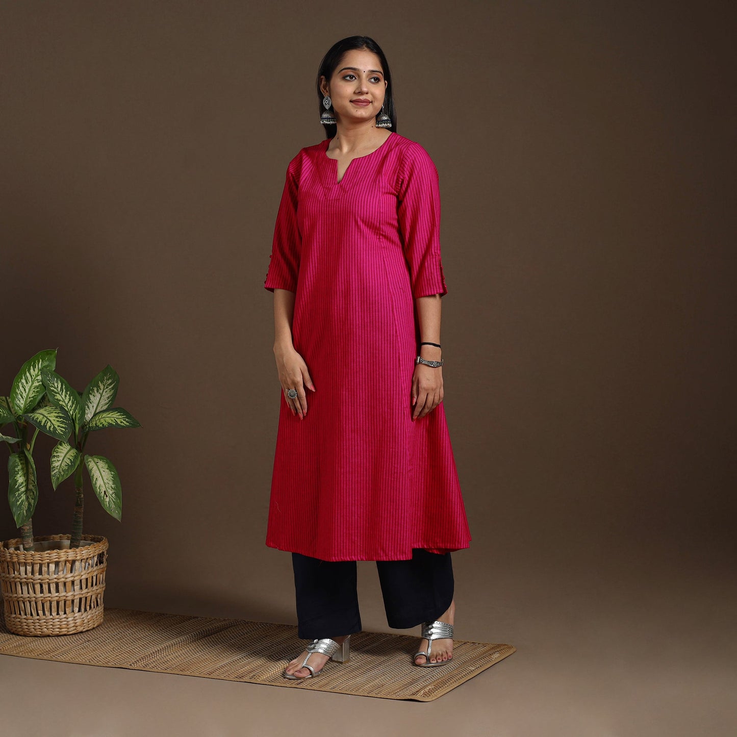Pink A-Line Cotton Jacquard Kurta
