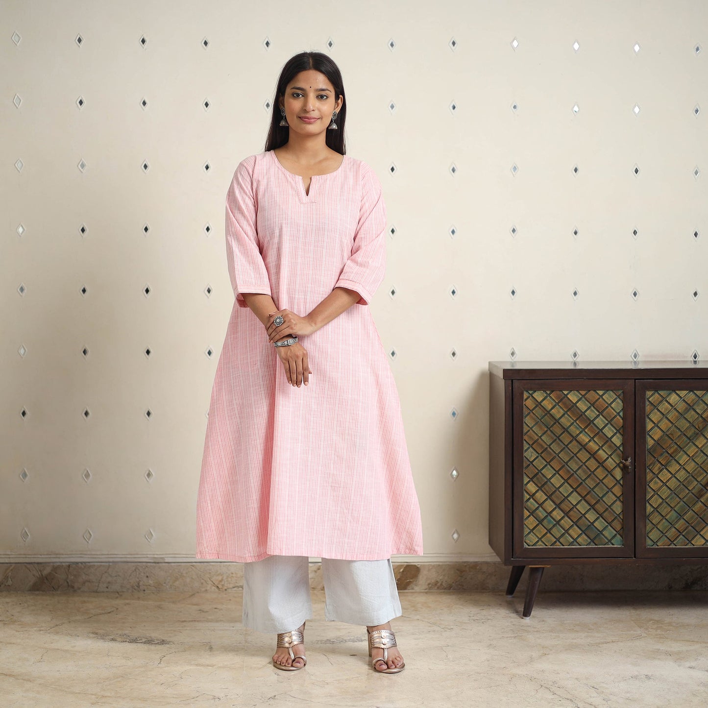Pink A-Line Stripe Cotton Kurta