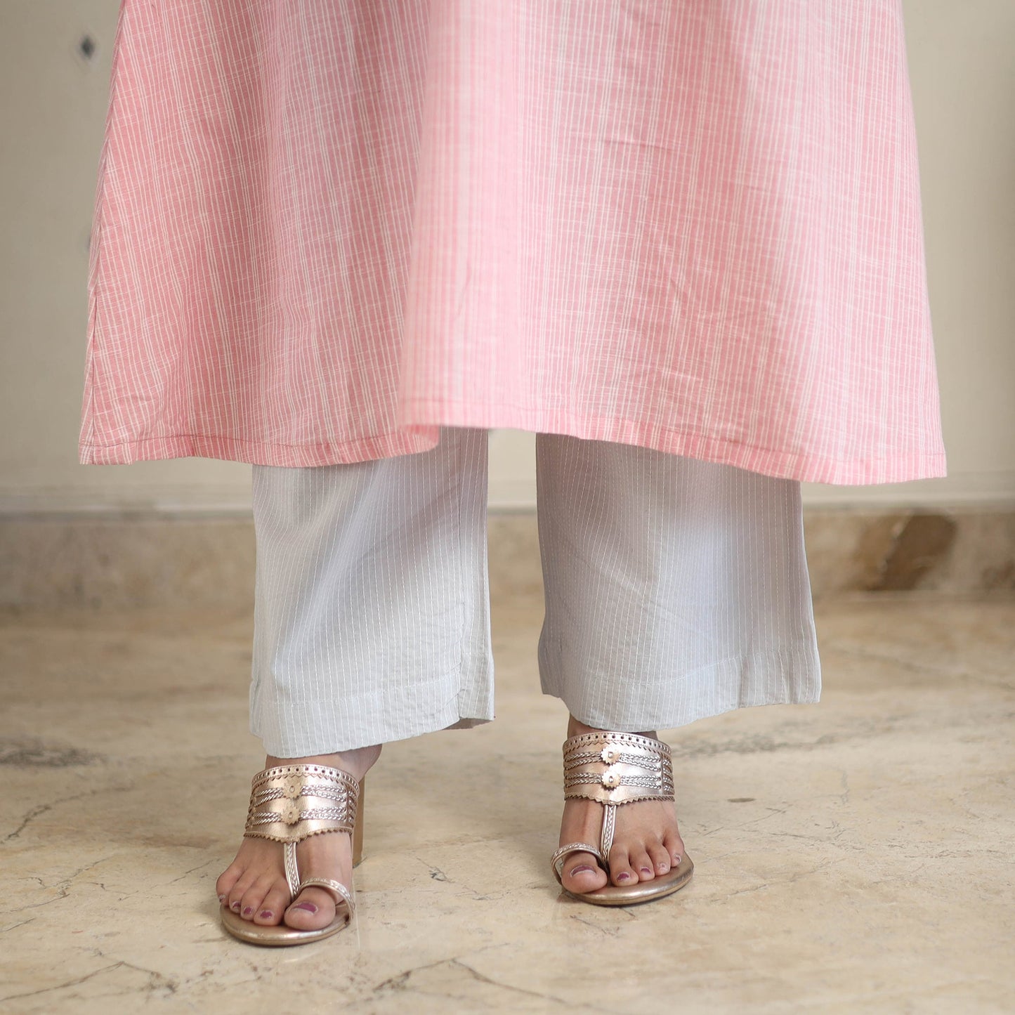 Pink A-Line Stripe Cotton Kurta