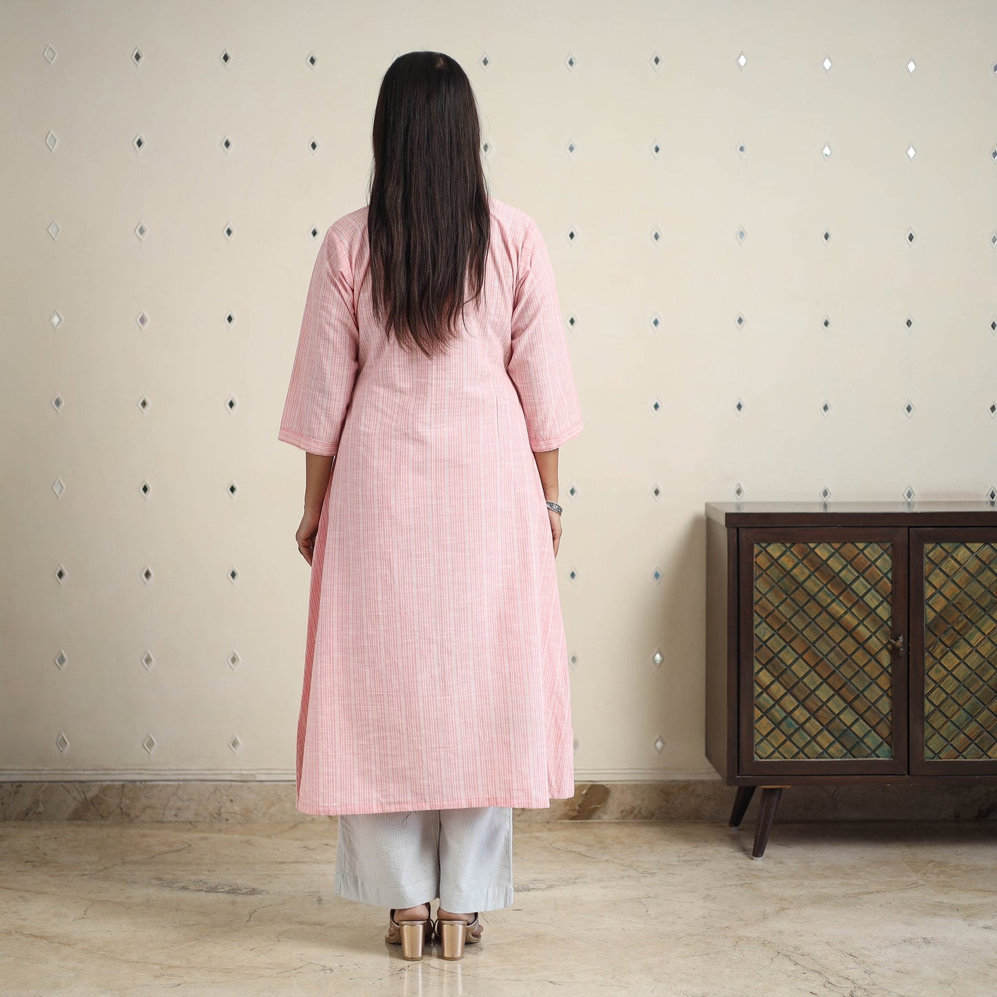 Pink A-Line Stripe Cotton Kurta