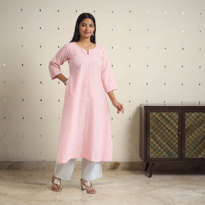 Pink A-Line Stripe Cotton Kurta