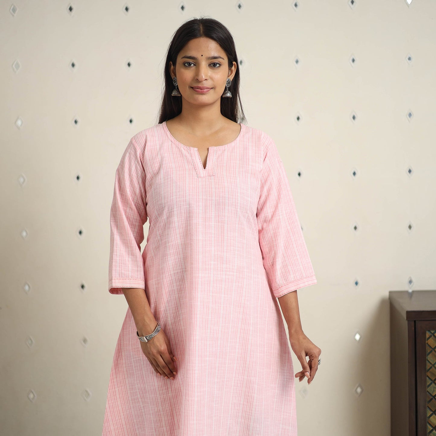 Pink A-Line Stripe Cotton Kurta