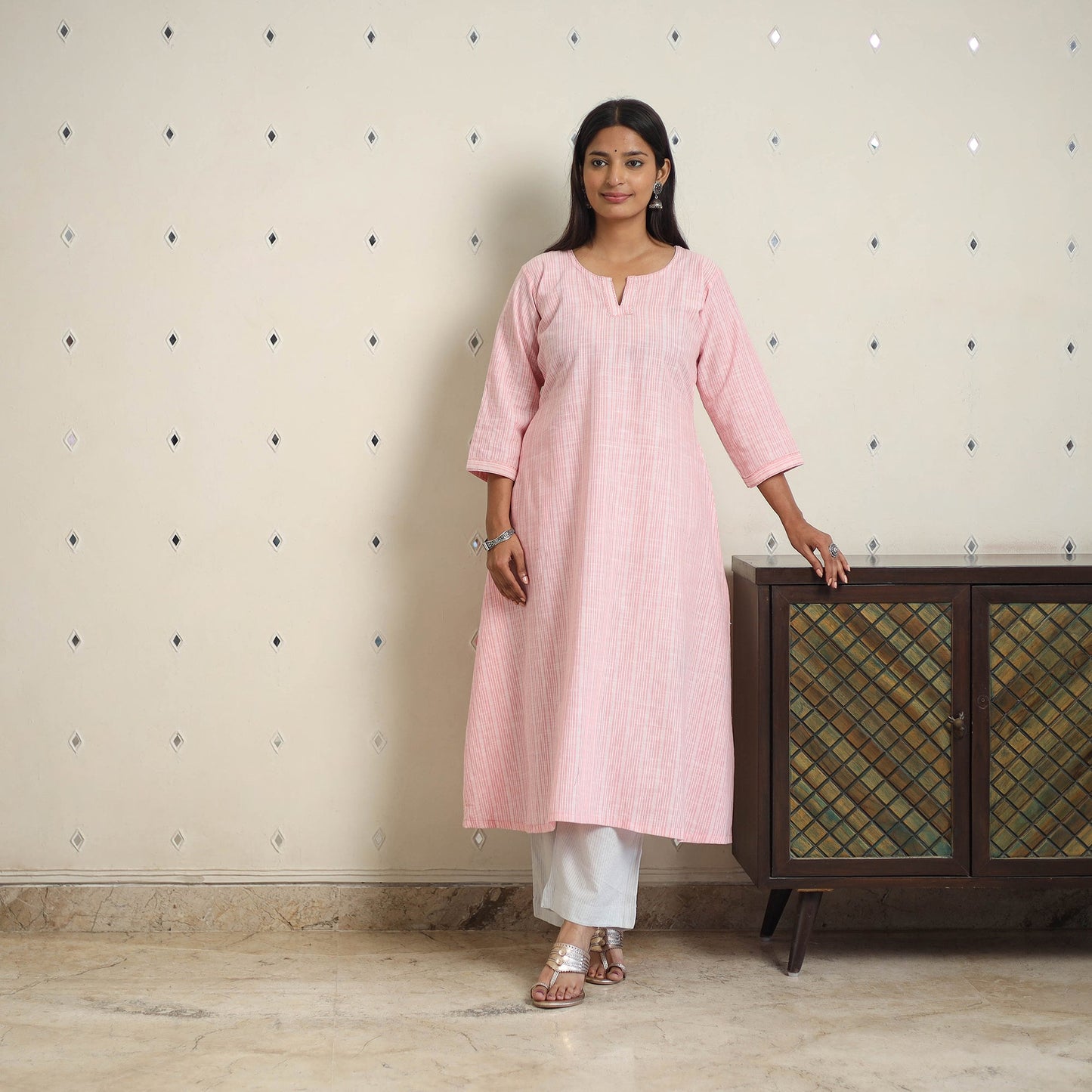 Pink A-Line Stripe Cotton Kurta