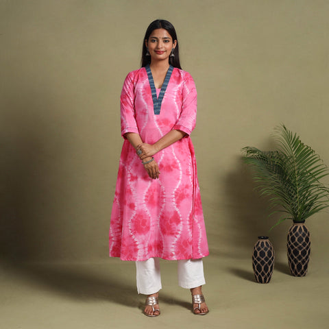Pink A-Line Tie & Dye Cotton Shibori Kurta for Women