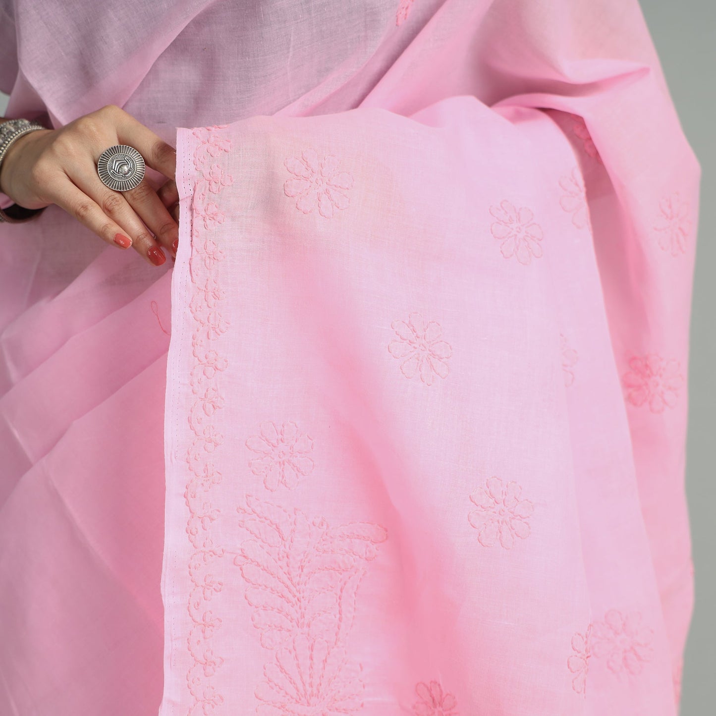 Buy Lucknow Chikankari Hand Embroidery Terivoile Cotton Saree 12 Online at iTokri.com