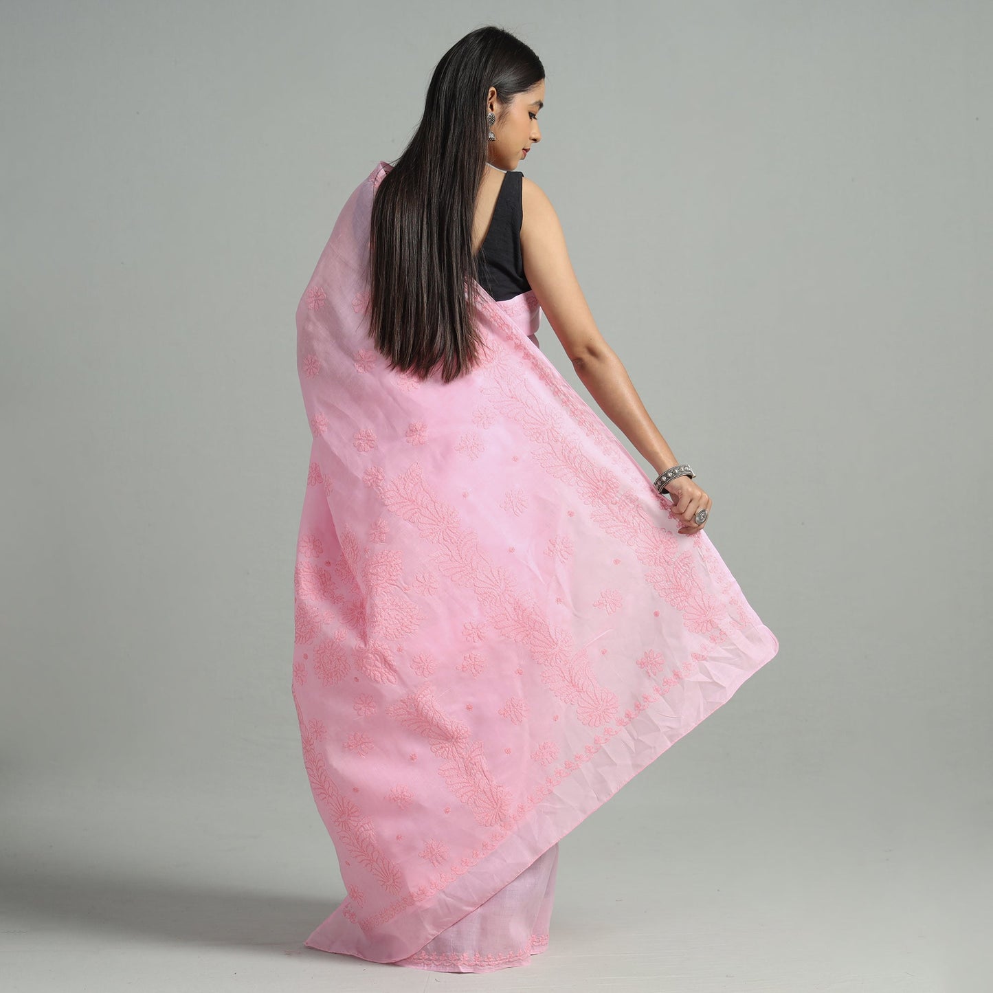 Buy Lucknow Chikankari Hand Embroidery Terivoile Cotton Saree 12 Online at iTokri.com