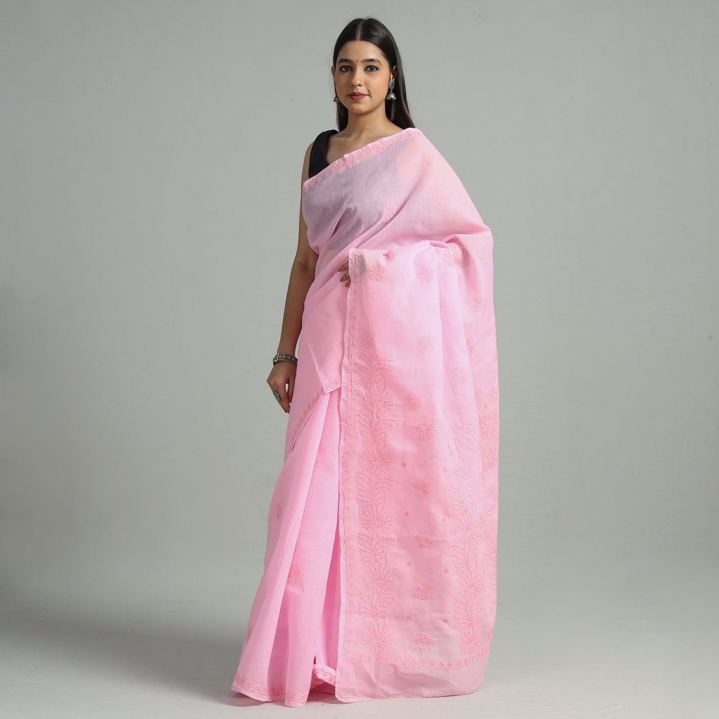 Buy Lucknow Chikankari Hand Embroidery Terivoile Cotton Saree 12 Online at iTokri.com