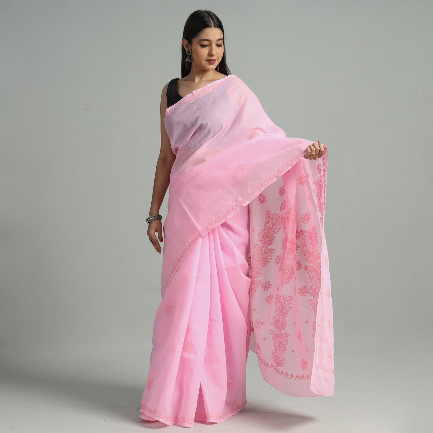 Buy Lucknow Chikankari Hand Embroidery Terivoile Cotton Saree 12 Online at iTokri.com