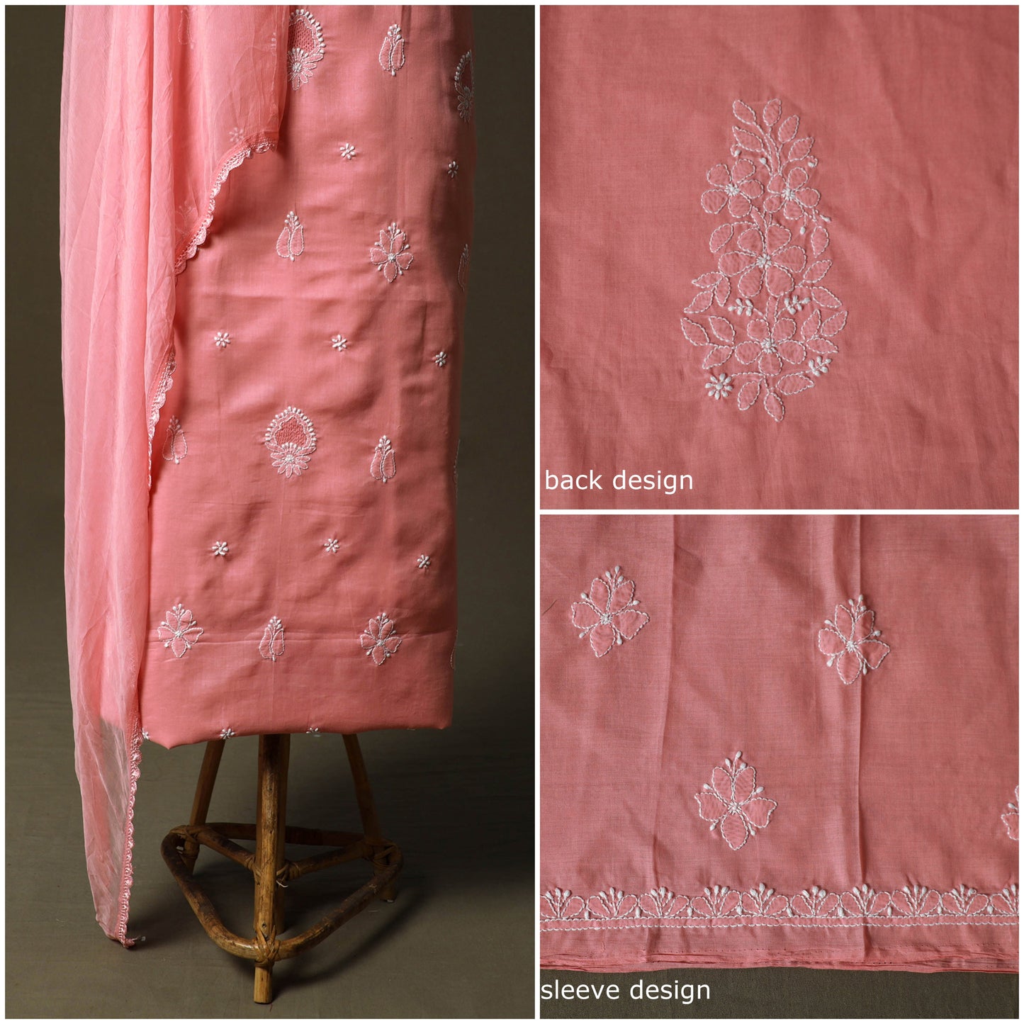Pink - lucknowi hand embroidered cotton chikankari 3pc