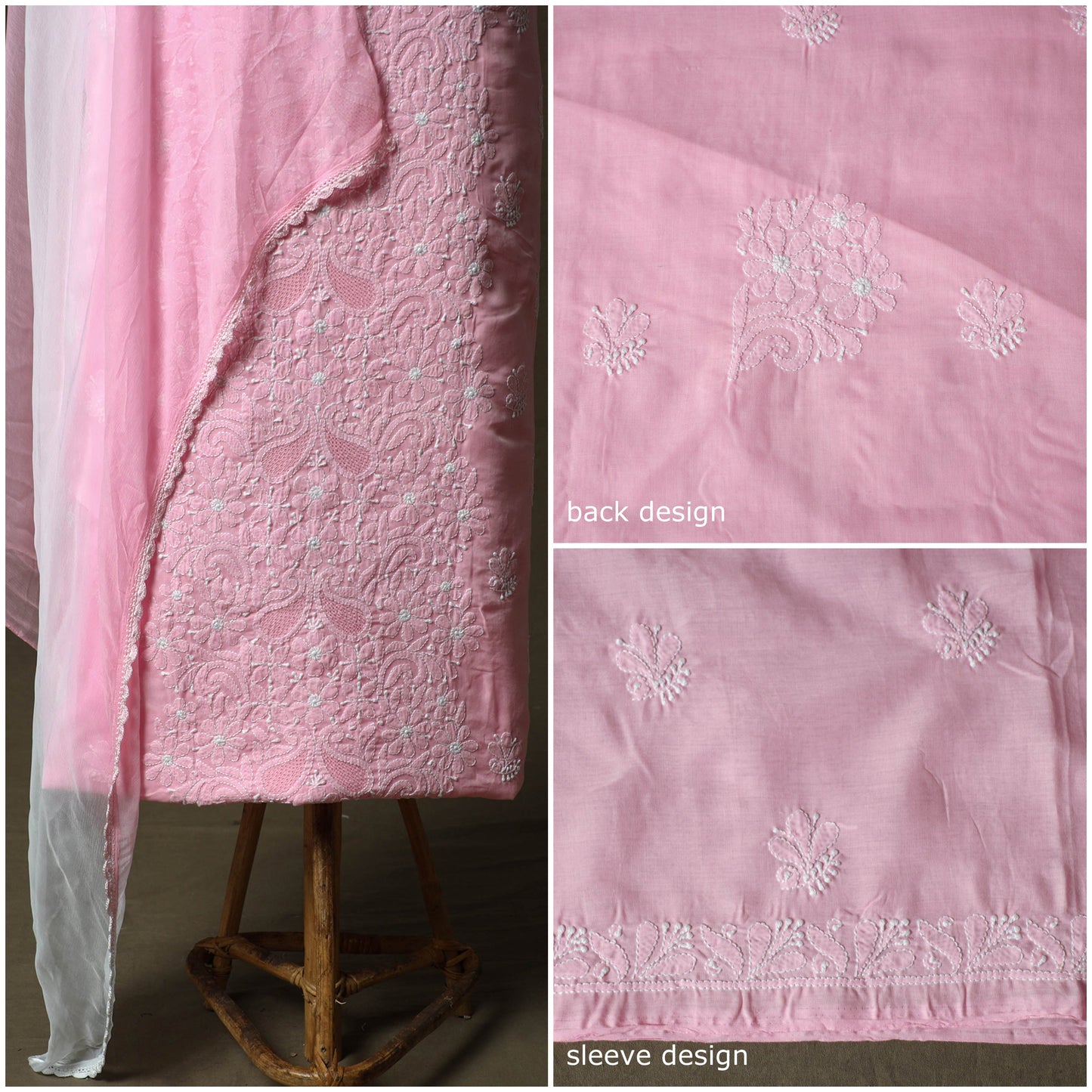 Pink - lucknowi hand embroidered cotton chikankari 3pc