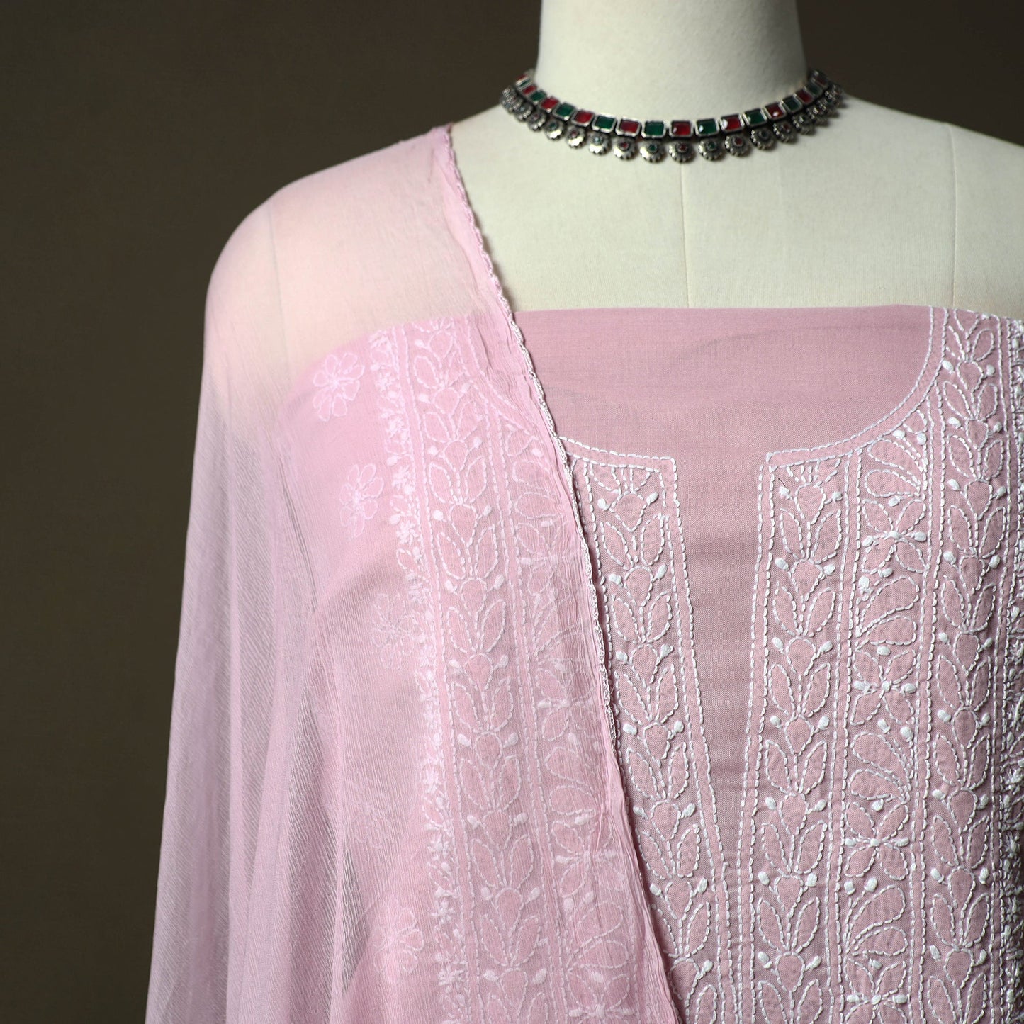 Pink - lucknowi hand embroidered cotton chikankari 3pc