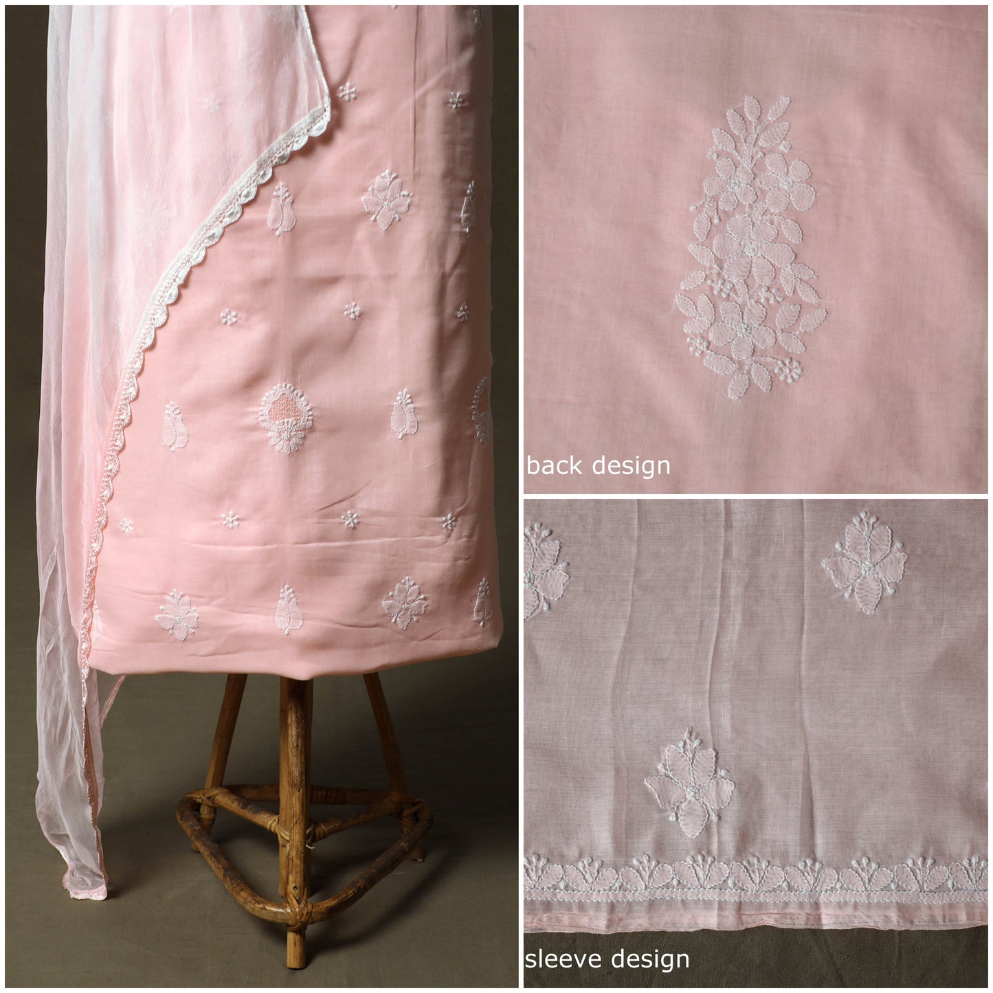 Pink - lucknowi hand embroidered cotton chikankari 3pc