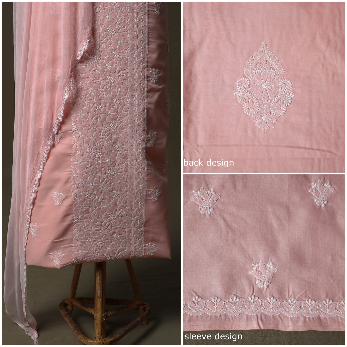 Pink - lucknowi hand embroidered cotton chikankari 3pc