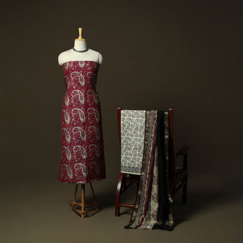 Maheshwari silk hand block bagru print 3pc unstitched dress