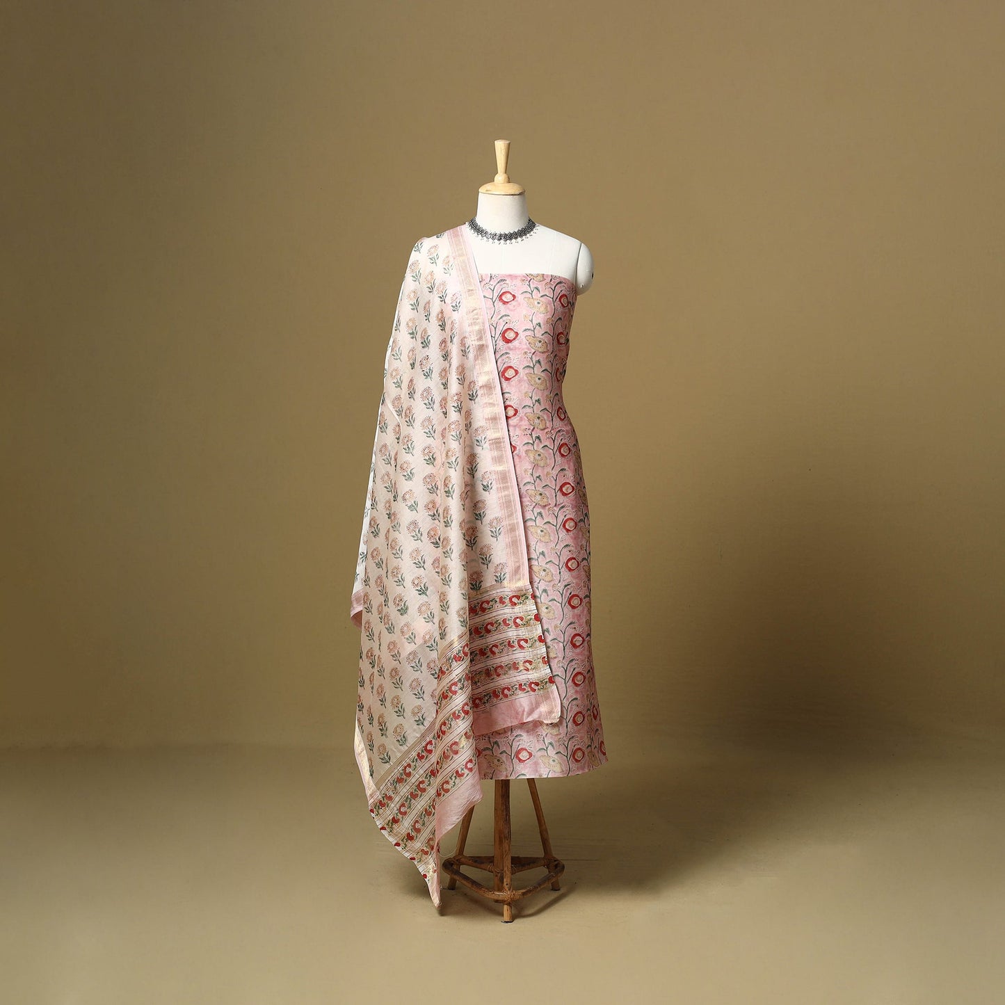 Pink - maheshwari silk sanganeri hand 3pc unstitched dress