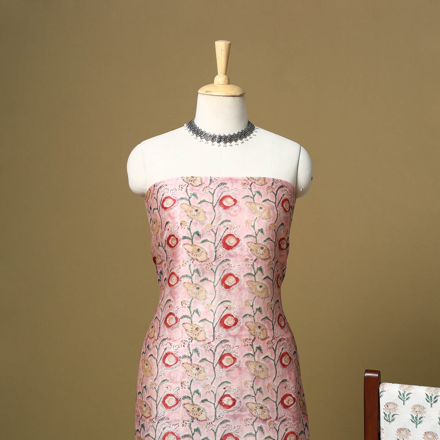 Pink - maheshwari silk sanganeri hand 3pc unstitched dress