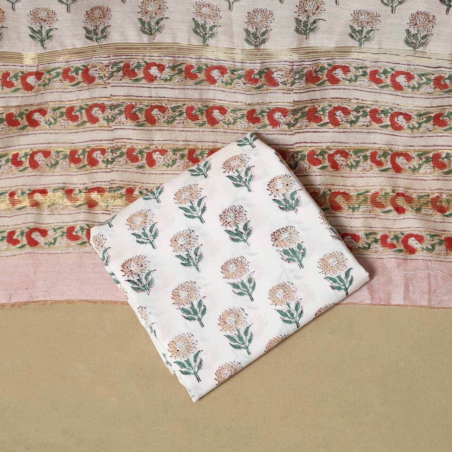 Pink - maheshwari silk sanganeri hand 3pc unstitched dress