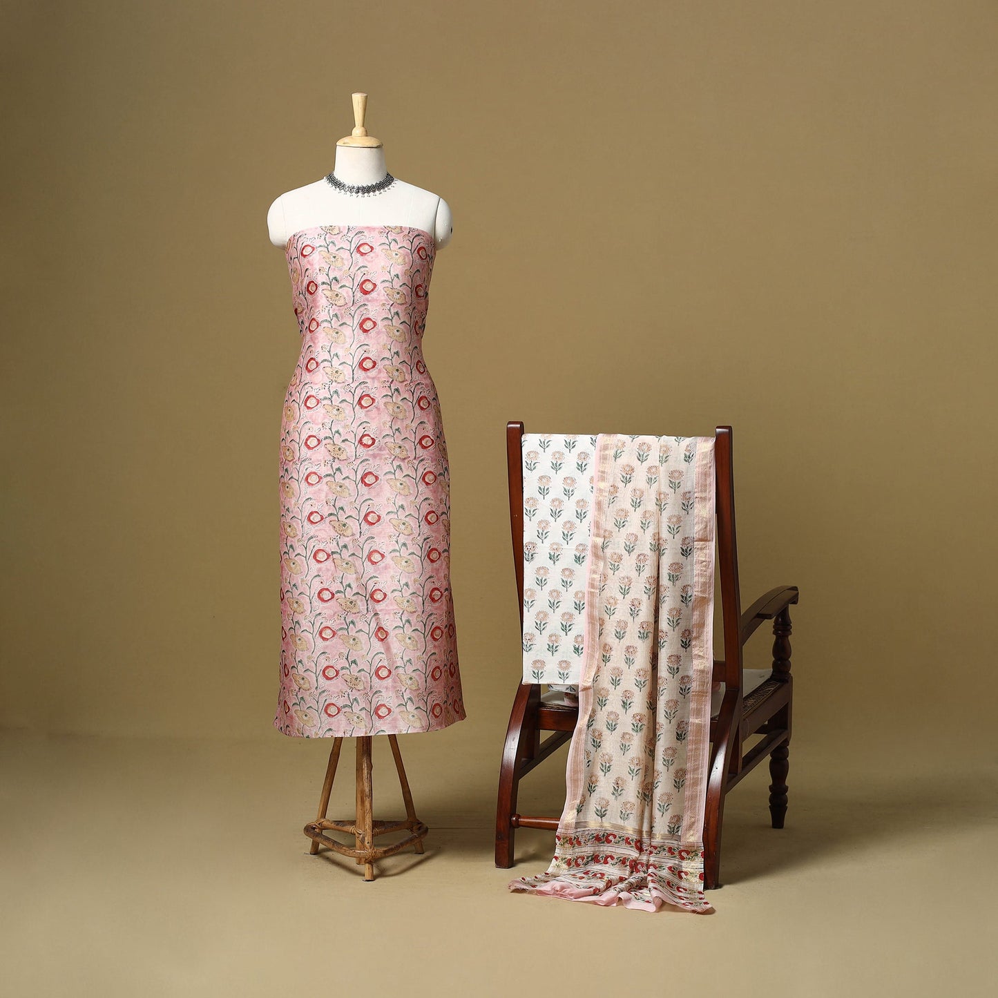 Pink - maheshwari silk sanganeri hand 3pc unstitched dress