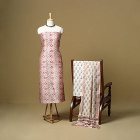 Pink - maheshwari silk sanganeri hand 3pc unstitched dress