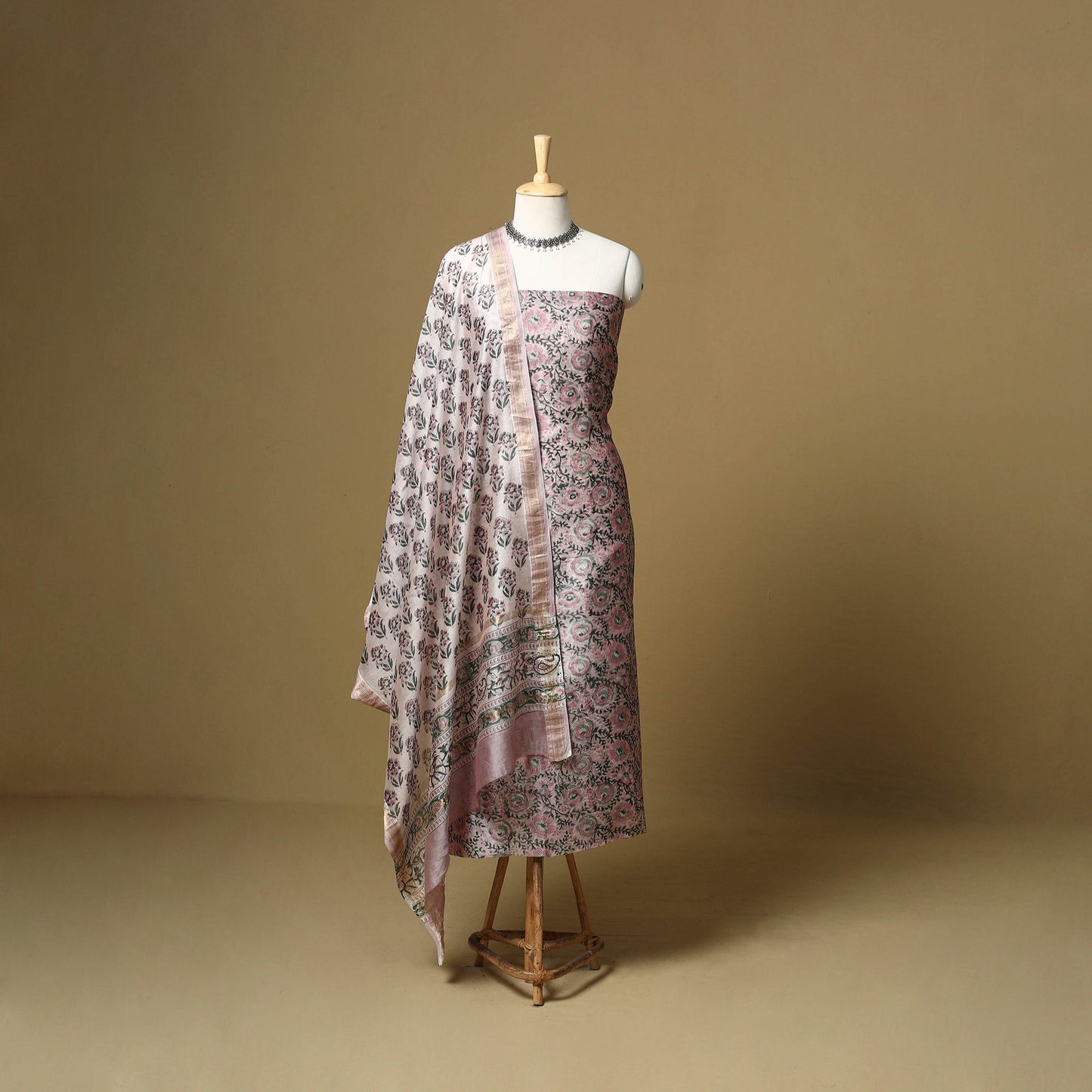 Pink - maheshwari silk sanganeri hand 3pc unstitched dress