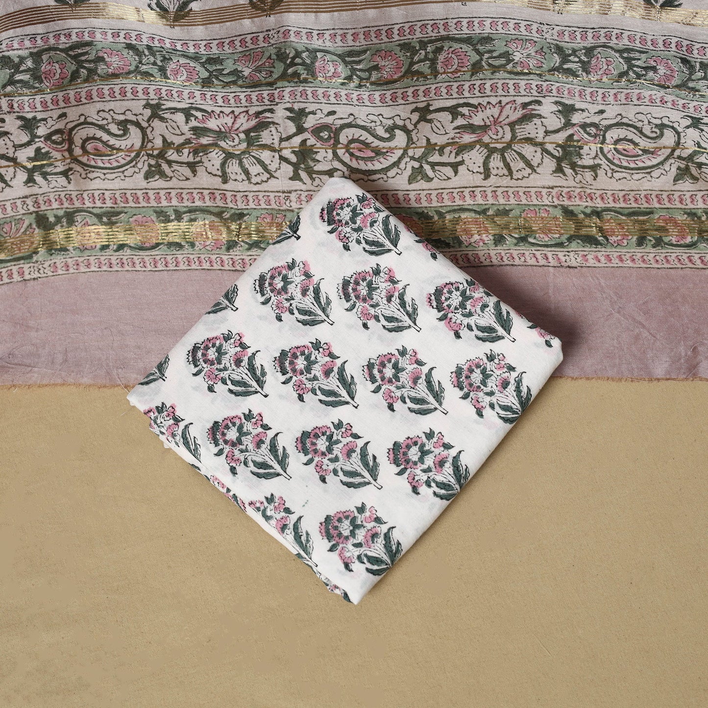 Pink - maheshwari silk sanganeri hand 3pc unstitched dress